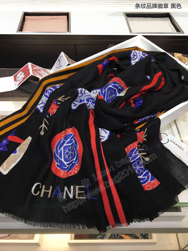 CHANEL圍巾 秋冬新款 條紋品牌徽章 香奈兒頂級純山羊絨女圍巾  llwj6742